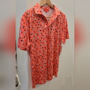 Redvanly Leone Polo Short-Sleeve Button-Down Shirt in Coral with Floral Print
